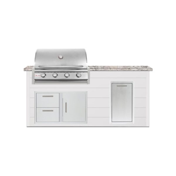 BBQGuys Signature 6 Ft Outdoor Kitchen Island w/ 32 Inch Propane Blaze LBM Grill & Narrow Trash Bin | Crystal White w/ White Granite
