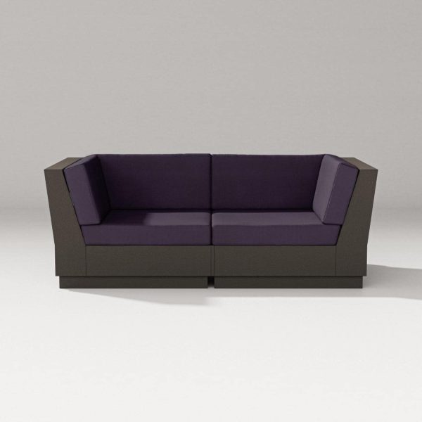 Elevate 2 Person Recycled Plastic Sectional Loveseat in Vintage Coffee/Navy Linen By PW Designer Series