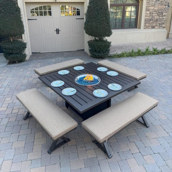 Brooklyn 5 Pc 60 Inch Aluminum Fire Pit Dining Set in Multi Brown/Sesame by Darlee