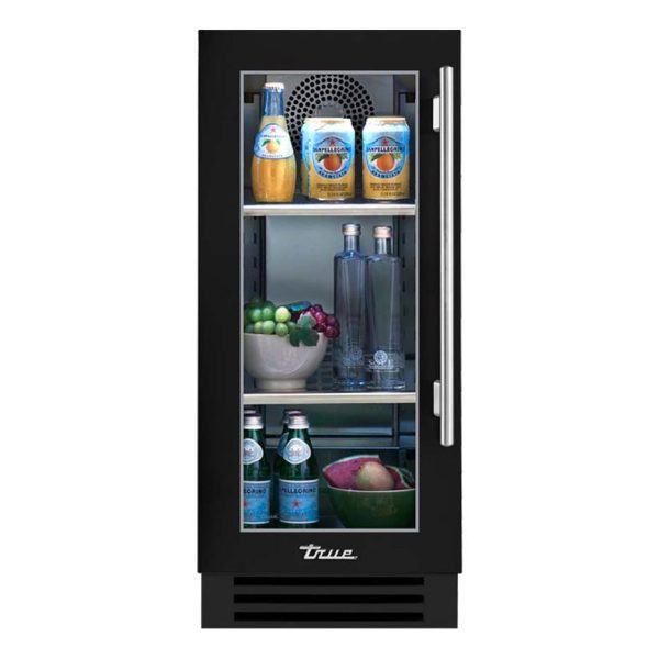 True 15 Inch 3.14 Cu. Ft. Left Hinge Glass Door Outdoor Refigerator - Matte Black w/ Stainless Steel Handles - TUR-15-L-OG-C~DSK-027-H04