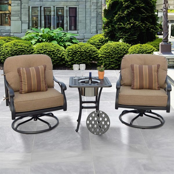 Nassau 3 Pc Cast Aluminum Seating Set w/ 21 Inch Square Series 30 Ice Bucket End Table & & Throw Pillows in Antique Bronze/Sesame by Darlee