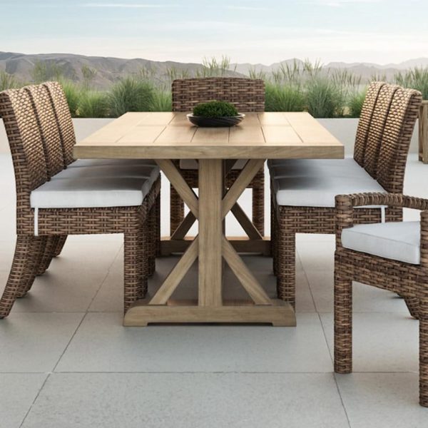 Sunset West Coastal Teak 94 X 40 Inch Rectangular Teak Patio Trestle Dining Table W/ Umbrella Hole