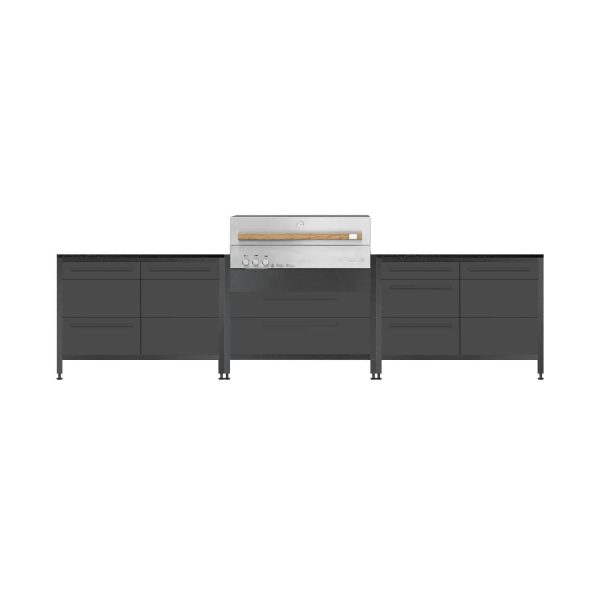 Burnout BBQ Modular Outdoor Kitchen Island w/ Flammkraft Model D Built-In Grill, Triple Drawers, Propane Pullout, and Pullout Waste Bins - Dawn