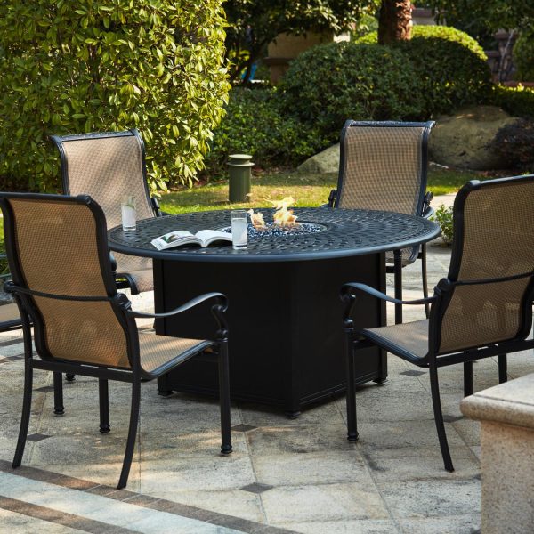 Monterey 7 Pc Cast Aluminum Fire Pit Dining Set w/ 60 Inch Round Signature Table in Antique Bronze/Sesame by Darlee
