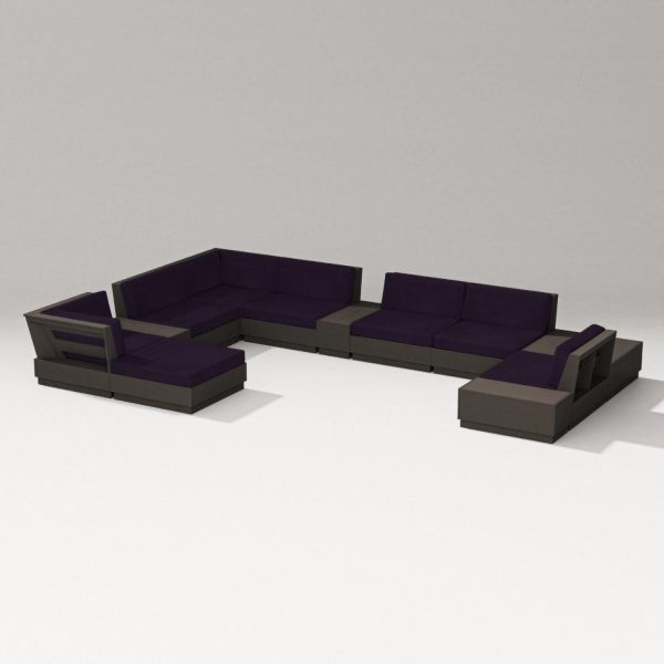 Elevate 12 Pc Recycled Plastic Chaise Sectional Seating Set in Vintage Coffee/Navy Linen By PW Designer Series