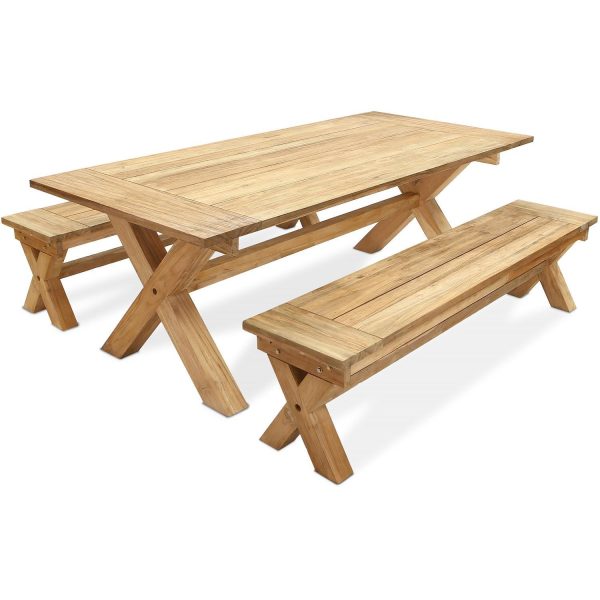 Wood Grove 3 Pc Reclaimed Teak Dining Set w/ 2 Benches by Lakeview Outdoor Designs