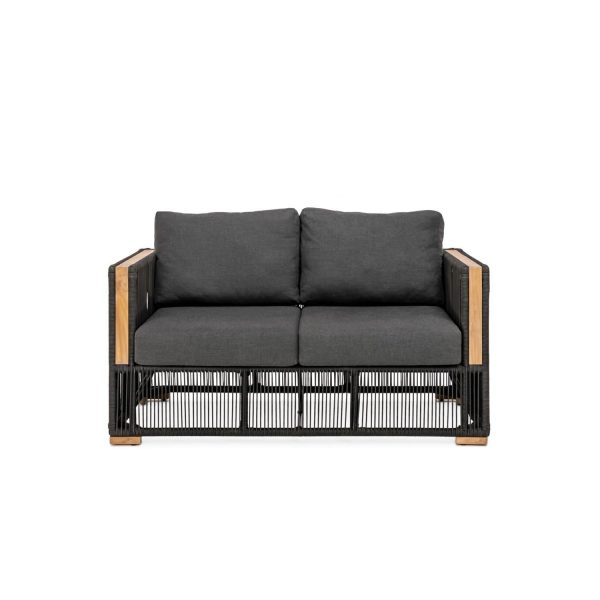 Breeze Olefin Rope & Teak Patio Loveseat in Charcoal/Carbon By Teak + Table