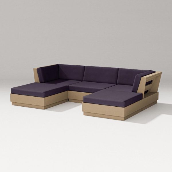 Elevate 5 Pc Recycled Plastic Double Chaise Sectional Seating Set in Vintage Sahara/Navy Linen By PW Designer Series