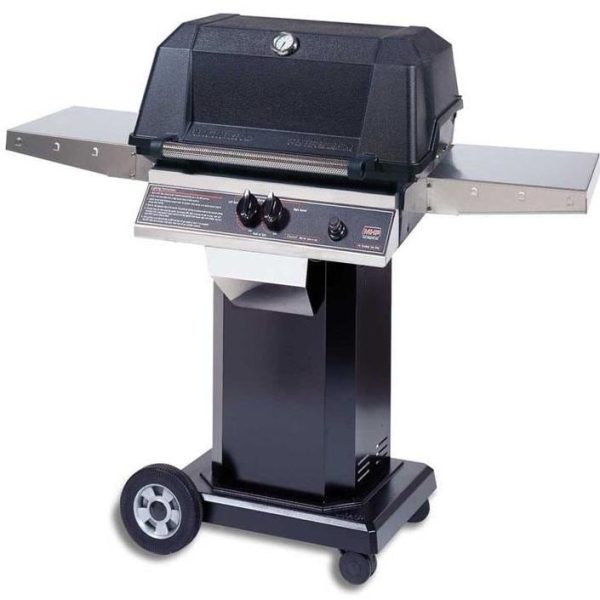 MHP WNK4DD Natural Gas Grill With Stainless Steel Shelves And SearMagic Grids On Black Cart