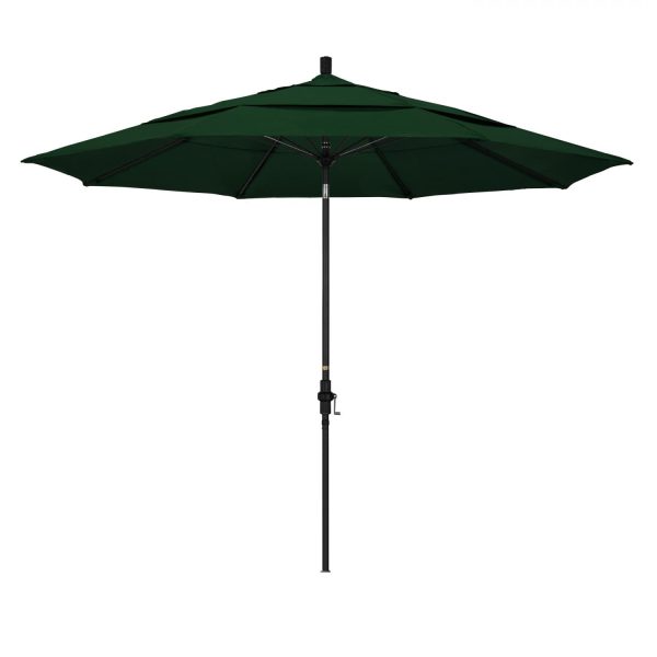 California Umbrella 11 Ft. Octagonal Aluminum Collar Tilt Patio Umbrella W/ Crank Lift & Fiberglass Ribs - Matted Black Frame / Olefin Hunter Green Canopy