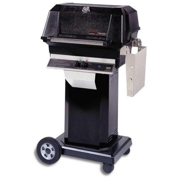 MHP JNR4DD Propane Gas Grill With Stainless Steel Shelves And SearMagic Grids On Black Cart