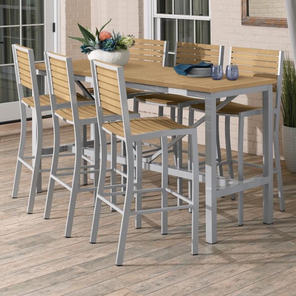 Travira 7 Piece Aluminum Patio Bar Set W/ 72 X 30 Inch Rectangular Tekwood Natural Table By Oxford Garden