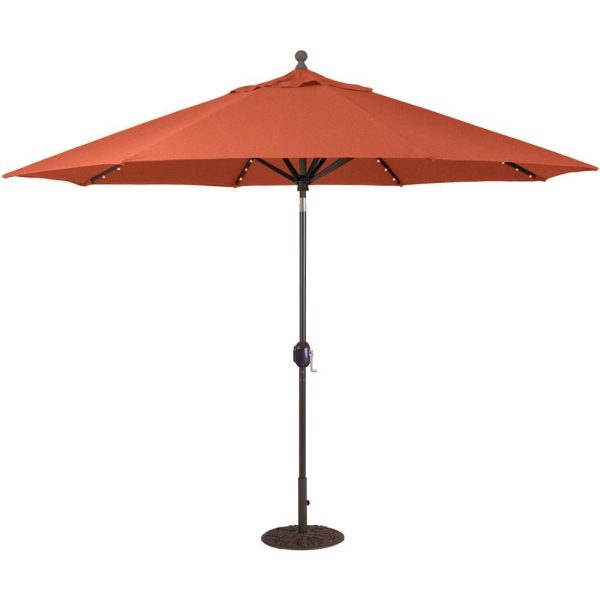 Galtech 11 Ft. Lighted LED Octagonal Aluminum Patio Market Umbrella W/ Crank Lift And Auto Tilt - Black Frame W/ Sunbrella Canvas Brick Canopy