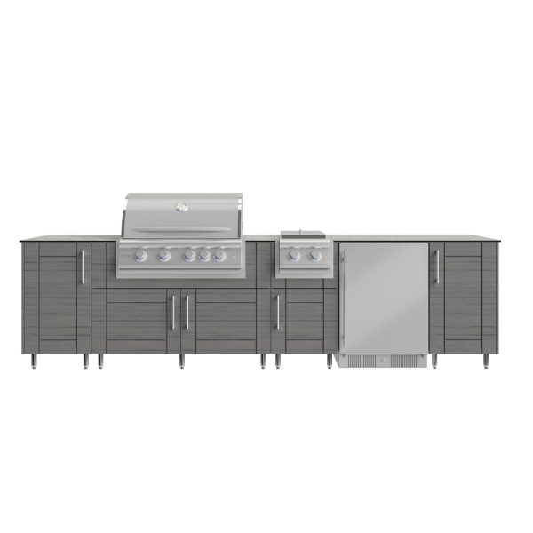 WeatherStrong Nassau 10 1/2 Ft Outdoor Kitchen Island w/ Blaze Propane Grill, Side Burner & Refrigerator in Dark Ash/Glacier Frost