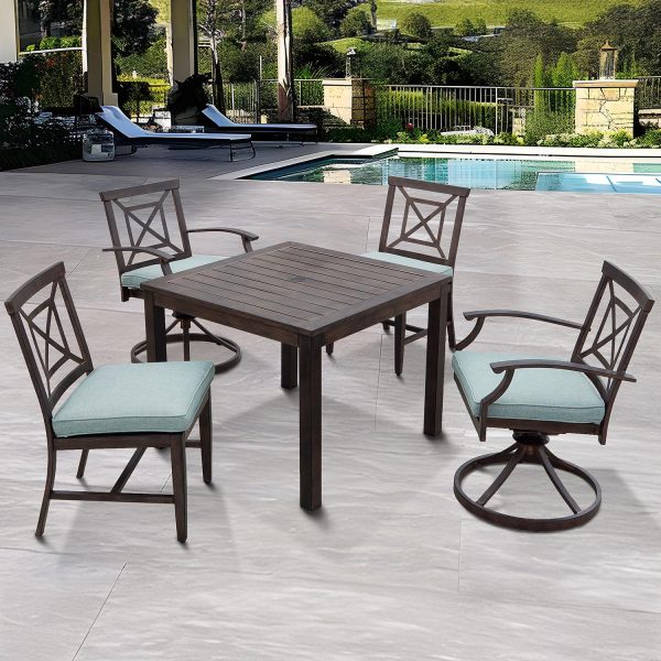 Atlantis 5 Pc Aluminum Dining Set w/ 37 Inch Table & 2 Swivel Rockers in Walnut/Spa by Darlee