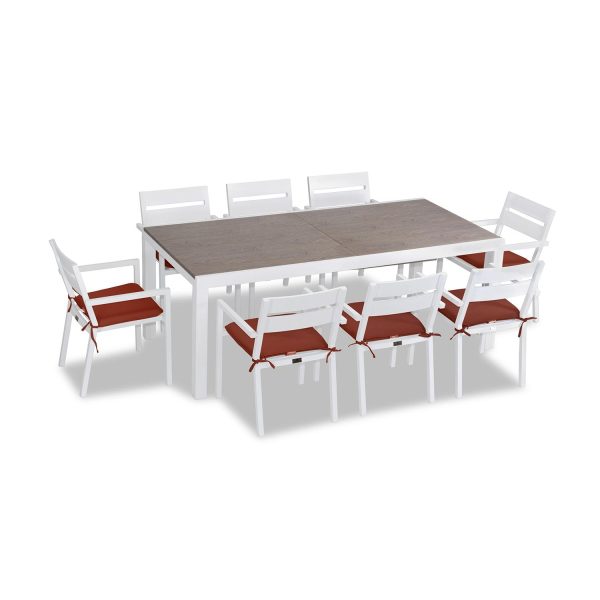 Calm Bay 9 Pc Extendable Aluminum Dining Set in White/Barnwood/Canvas Henna by Lakeview Outdoor Designs