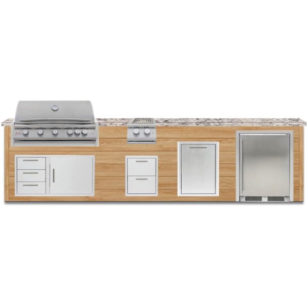 BBQGuys Signature 12 Ft Outdoor Kitchen Island w/ 40 Inch Natural Gas Blaze LTE+ Grill, Double Side Burner, Refrigerator & Double Trash Bin | Sun Bleached Oak w/ White Granite