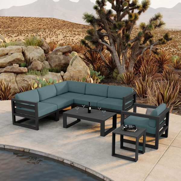 Misty Cove 8 Pc Aluminum Seating Set w/ Sectional in Slate/Cast Lagoon by Lakeview Outdoor Designs