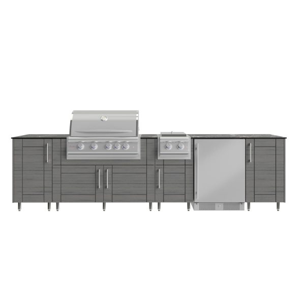 WeatherStrong Nassau 10 1/2 Ft Outdoor Kitchen Island w/ Blaze Natural Gas Grill, Side Burner & Refrigerator in Dark Ash/Midnight Ice