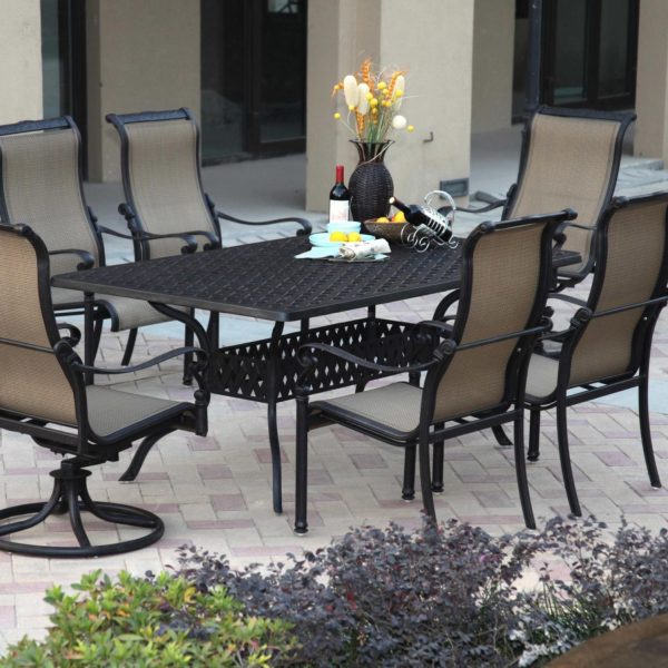 Monterey 7 Pc Cast Aluminum Dining Set w/ 72 X 42 Inch Series 30 Table & 2 Swivel Rockers in Antique Bronze/Irish Mix by Darlee