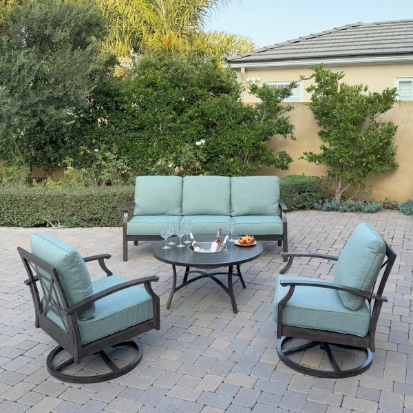 Atlantis 4 Pc Aluminum Seating Set  w/ Sofa, 2 Swivel Rocker Club Chairs & Ice Bucket  in Walnut/Spa by Darlee
