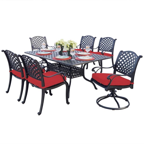 Nassau 7 Pc Cast Aluminum Dining Set w/ 72 X 42 Inch Series 30 Table & 2 Swivel Rockers in Antique Bronze/Red by Darlee