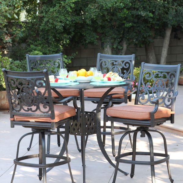 St. Cruz 5 Pc Cast Aluminum Bar Set w/ 42 Inch Round Series 30 Table in Antique Bronze/Spicy Chili by Darlee