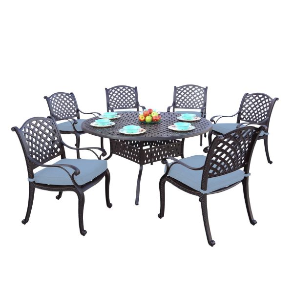 Nassau 7 Pc Cast Aluminum Dining Set w/ 60 Inch Round Series 30 Table in Antique Bronze/Blue by Darlee