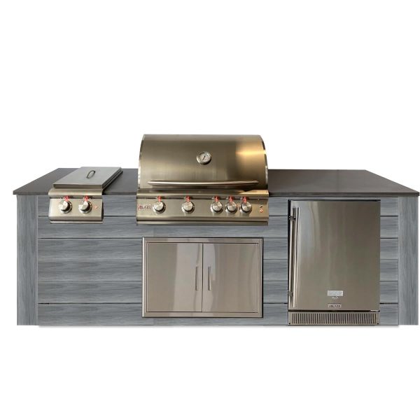 Pro-Fit 8-Foot Outdoor Kitchen Island W/ Blaze LTE 32-Inch Natural Gas Grill, Double Side Burner & Refrigerator - Driftwood Grey / Grigio Piombo Satin