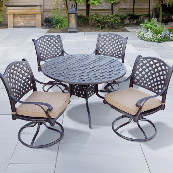 Nassau 5 Pc Cast Aluminum Dining Set w/ 48 Inch Round Series 30 Table & Swivel Rockers in Antique Bronze/Sesame by Darlee
