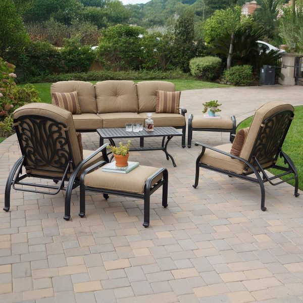 Elisabeth 6 Pc Cast Aluminum Seating Set w/ 42 X 21 Inch Table & Throw Pillows in Antique Bronze/Sesame by Darlee