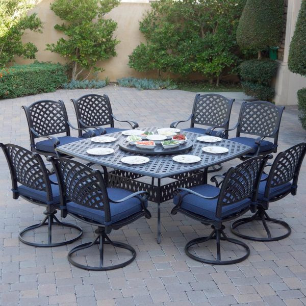 Nassau 10 Pc Cast Aluminum Dining Set in Antique Bronze w/ Navy Cushions By Darlee