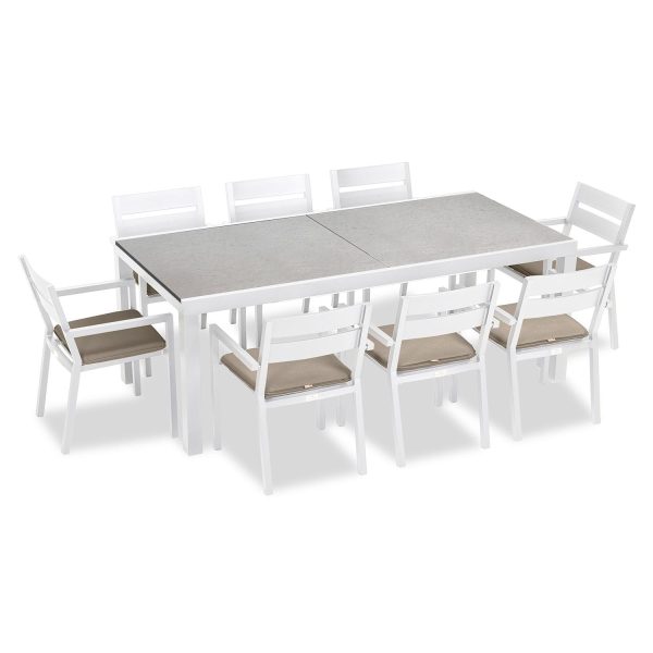 Calm Bay 9 Pc Extendable Aluminum Dining Set in White/Concrete/Heather Beige by Lakeview Outdoor Designs
