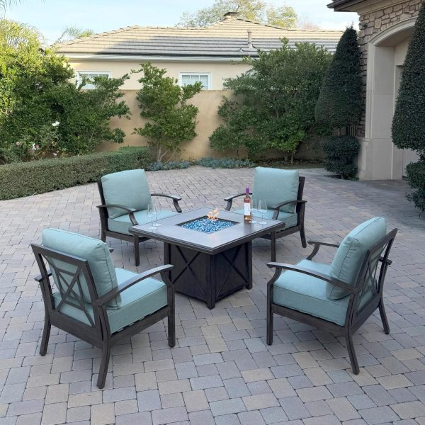 Atlantis 5 Pc Aluminum Fire Pit Seating Set w/ 4 Club Chairs in Walnut/Spa by Darlee