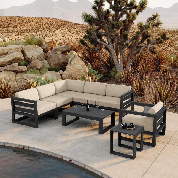 Misty Cove 8 Pc Aluminum Seating Set w/ Sectional in Slate/Canvas Flax by Lakeview Outdoor Designs