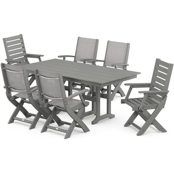 POLYWOOD x BBQGuys Creekside 7 Pc Recycled Plastic Dining Set W/ Parchment Sling in Grey