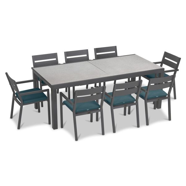 Calm Bay 9 Pc Extendable Aluminum Dining Set in Slate/Concrete/Cast Lagoon by Lakeview Outdoor Designs