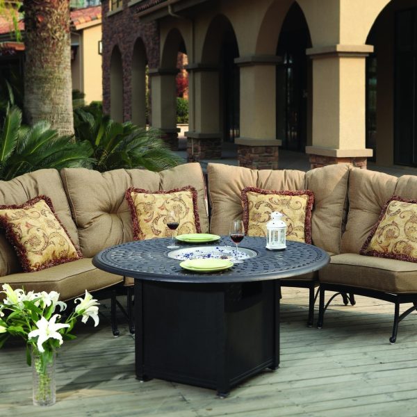 Santa Anita 5 Pc Cast Aluminum Sectional Fire Pit Seating Set w/ 52 Inch Signature Table in Antique Bronze/Linen Sesame by Darlee