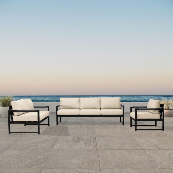 Avenue Bay 3 Pc Aluminum Sofa Seating Set in Black/Canvas Flax by Lakeview Outdoor Designs
