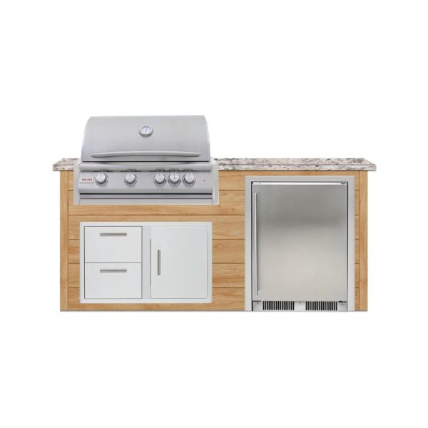 BBQGuys Signature 6 Ft Outdoor Kitchen Island w/ 32 Inch Propane Blaze LTE+ Grill & Refrigerator | Sun Bleached Oak w/ White Granite