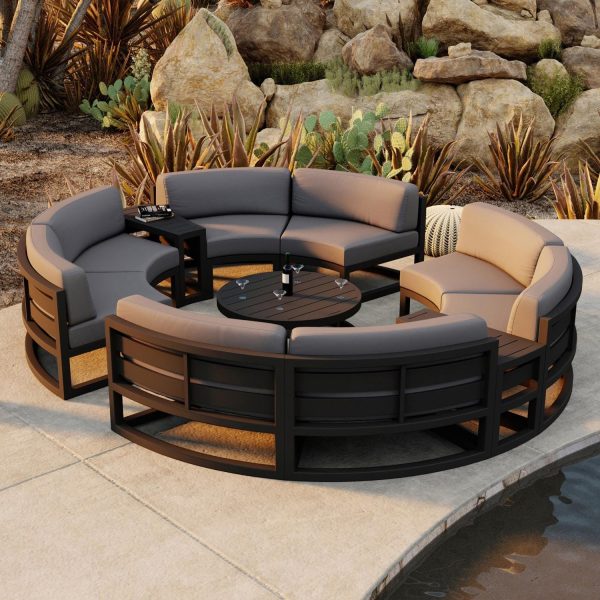 Misty Cove 7 Pc Aluminum Seating Set - Curved Sectional in Black/Canvas Charcoal by Lakeview Outdoor Designs