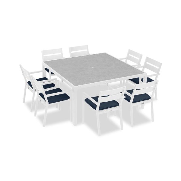 Calm Bay 9 Pc Square Aluminum Dining Set in White/Spectrum Indigo by Lakeview Outdoor Designs