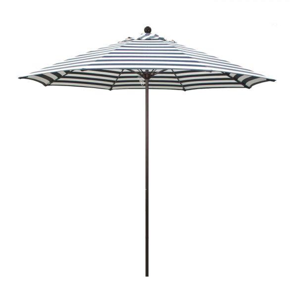 California Umbrella Venture Series 9 Ft Octagonal Aluminum Patio Umbrella W/ Push Lift & Fiberglass Ribs - Bronze Frame / Olefin Navy White Cabana Stripe Canopy