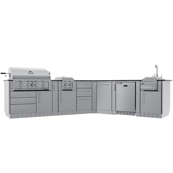Sunstone Grills Savanna 16 Ft Outdoor Kitchen Island w/ Propane Grill & Side Burner, Sink, Refrigerator, Trash Bin, Door & Drawer