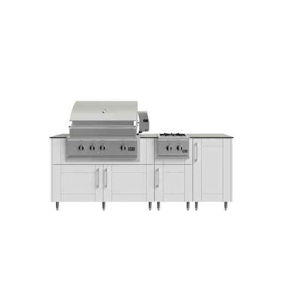 WeatherStrong Abaco 7 Ft Outdoor Kitchen Island w/ DCS Propane Grill & Side Burner in Shell White/Glacier Frost