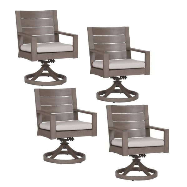 Laguna 4 Piece Aluminum Patio Swivel Rocker Dining Arm Chair Set W/ Sunbrella Canvas Flax Cushions By Sunset West