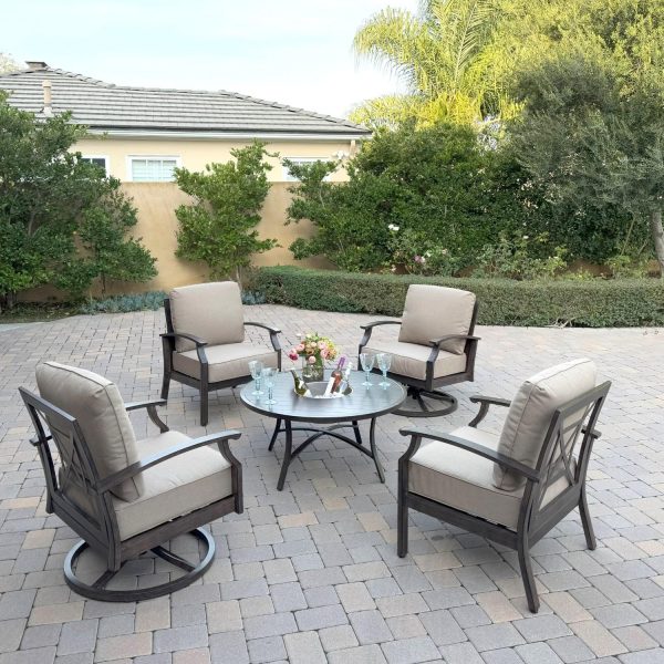 Atlantis 5 Pc Aluminum Seating Set w/ 2 Club Chairs, 2 Swivel Rocker Club Chairs & Ice Bucket in Walnut/Beige by Darlee