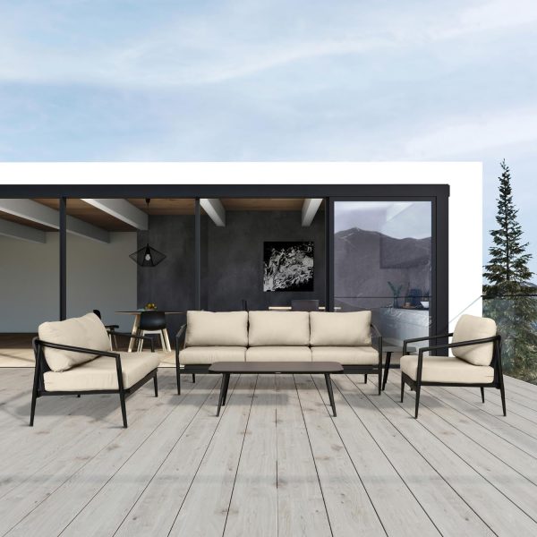 Midnight Cove 5 Pc Aluminum Seating Set w/ Sofa in Black/Canvas Flax by Lakeview Outdoor Designs