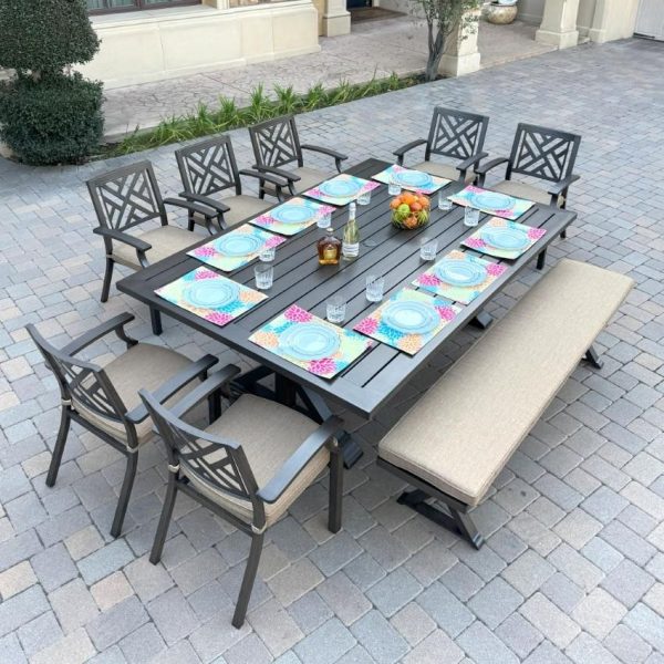 Brooklyn 9 Pc Aluminum Dining Set w/ 88 X 59 Inch Rectangular Table w/ Bench & 7 Arm Chairs in Multi Brown/Sesame by Darlee