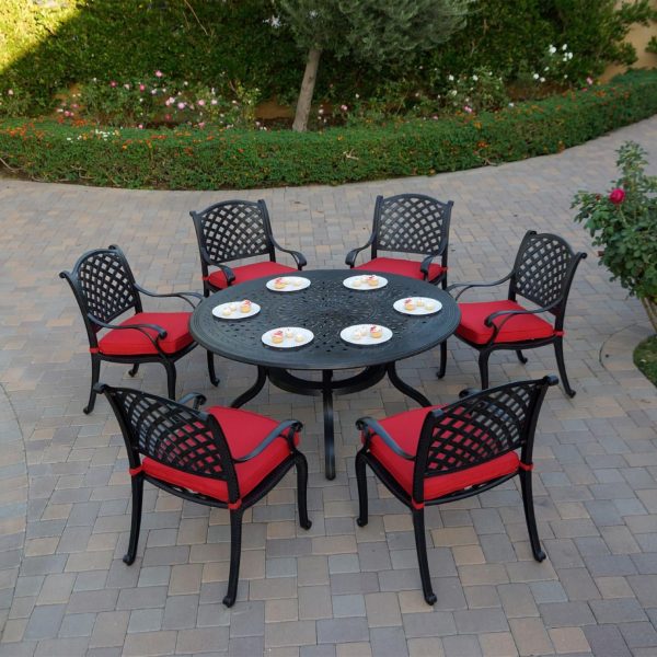 Nassau 7 Pc Cast Aluminum Dining Set in Antique Bronze w/ Red Cushions By Darlee